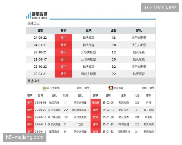 沃尔夫斯堡对阵勒沃库森下轮上演 双方近期交锋记录持平